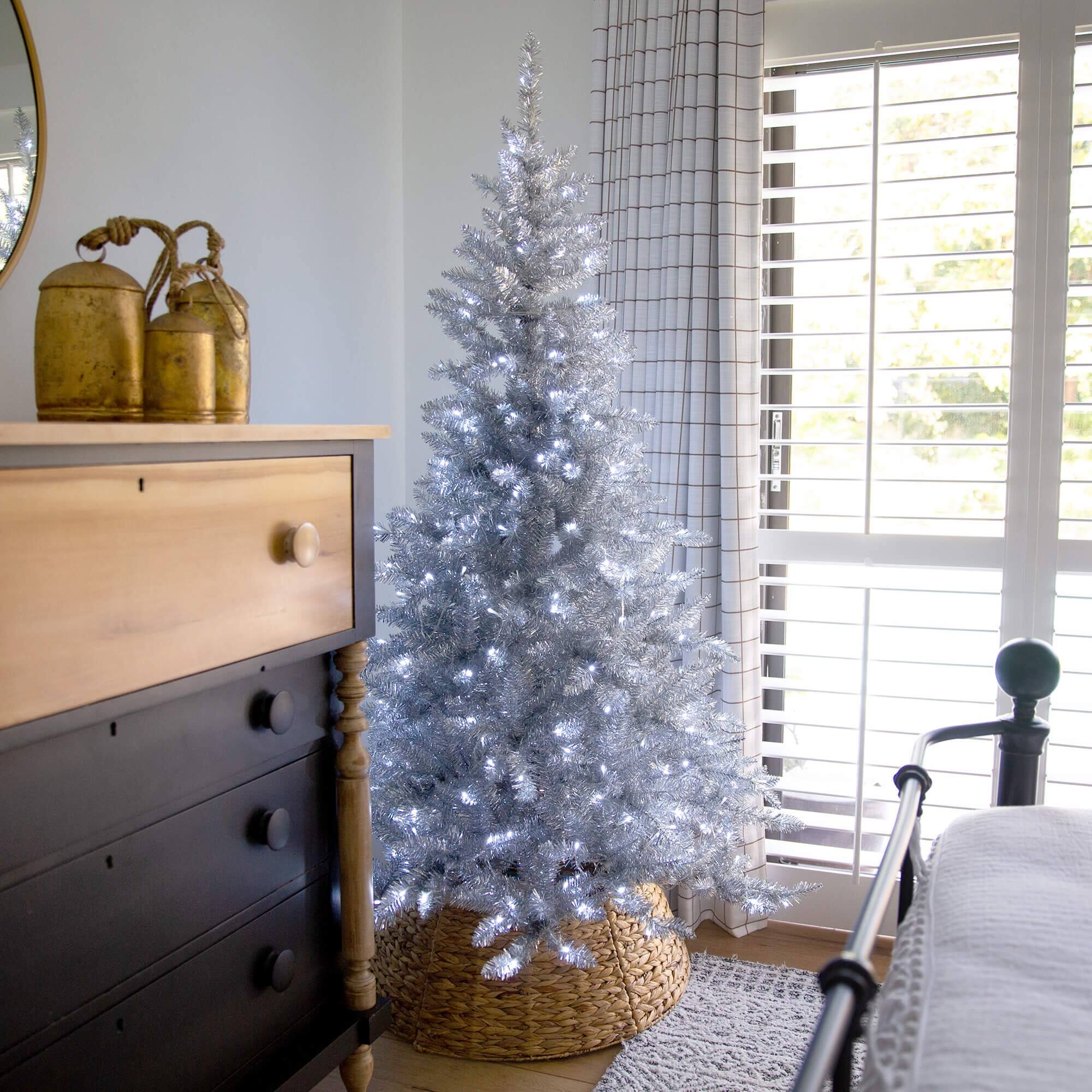 6ft. Pre-Lit Silver Tinsel Artificial Christmas Tree, Cool White Lights